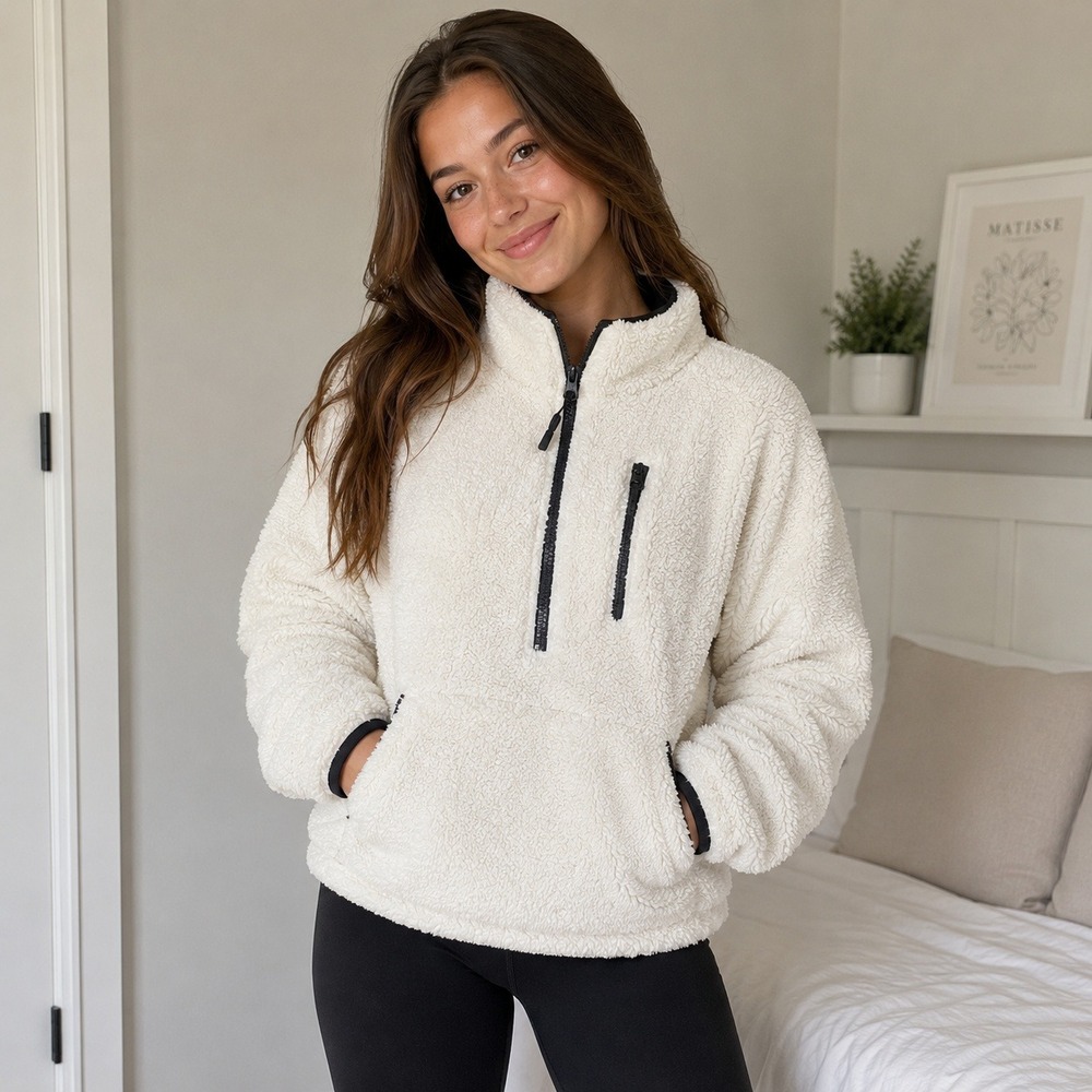 NWT No Boundaries Cream Sherpa Fleece Half Zip Pullover Jacket Juniors XL